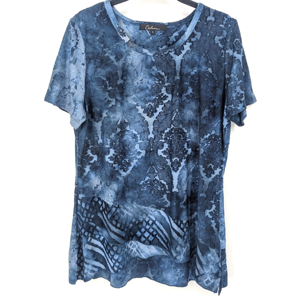 Calessa‎ Shirt Womens Large Blue Velvet Burnout Stretch Top